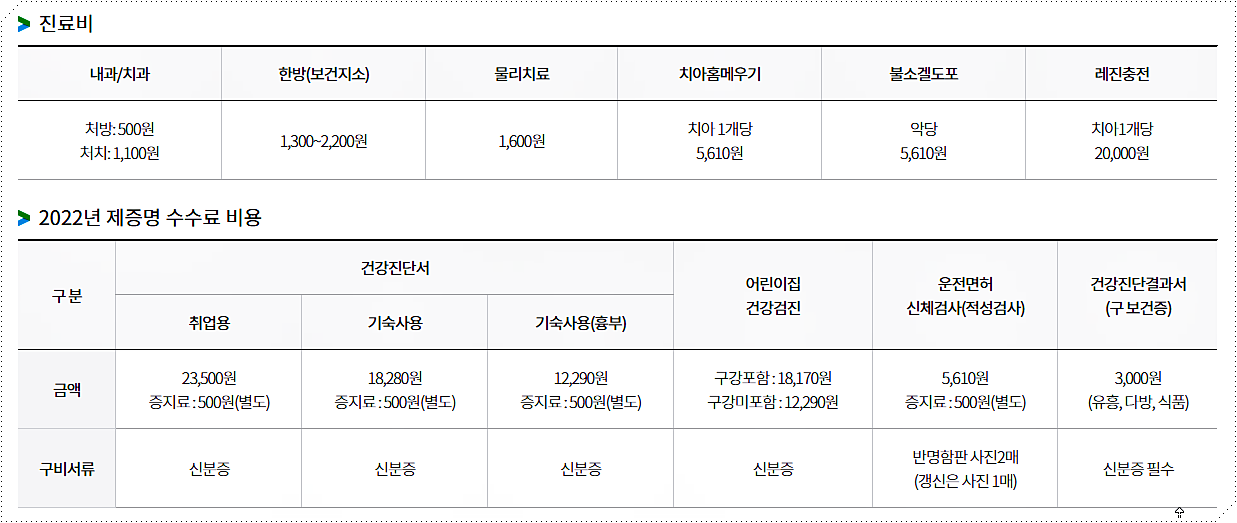 진료비 및 제증명 수수료 비용 안내