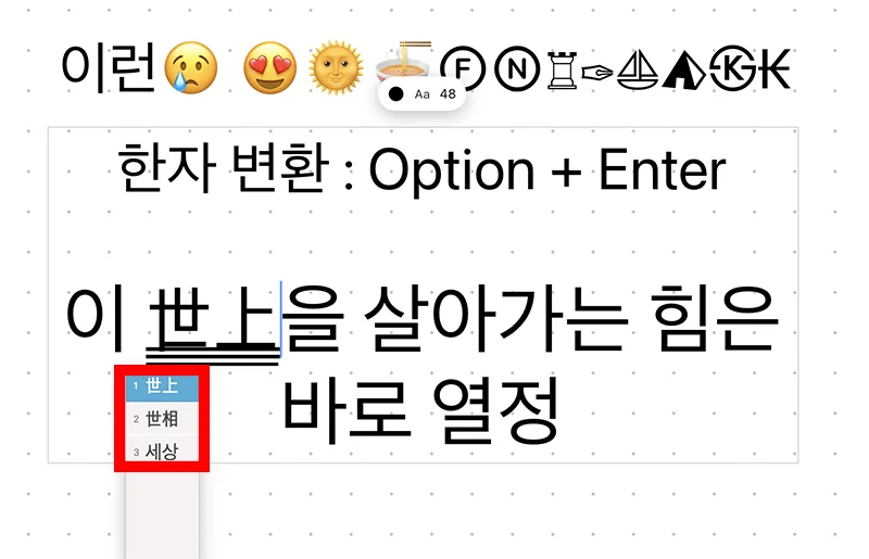 맥북의 프리폼에서 한자를 변환하는 모습