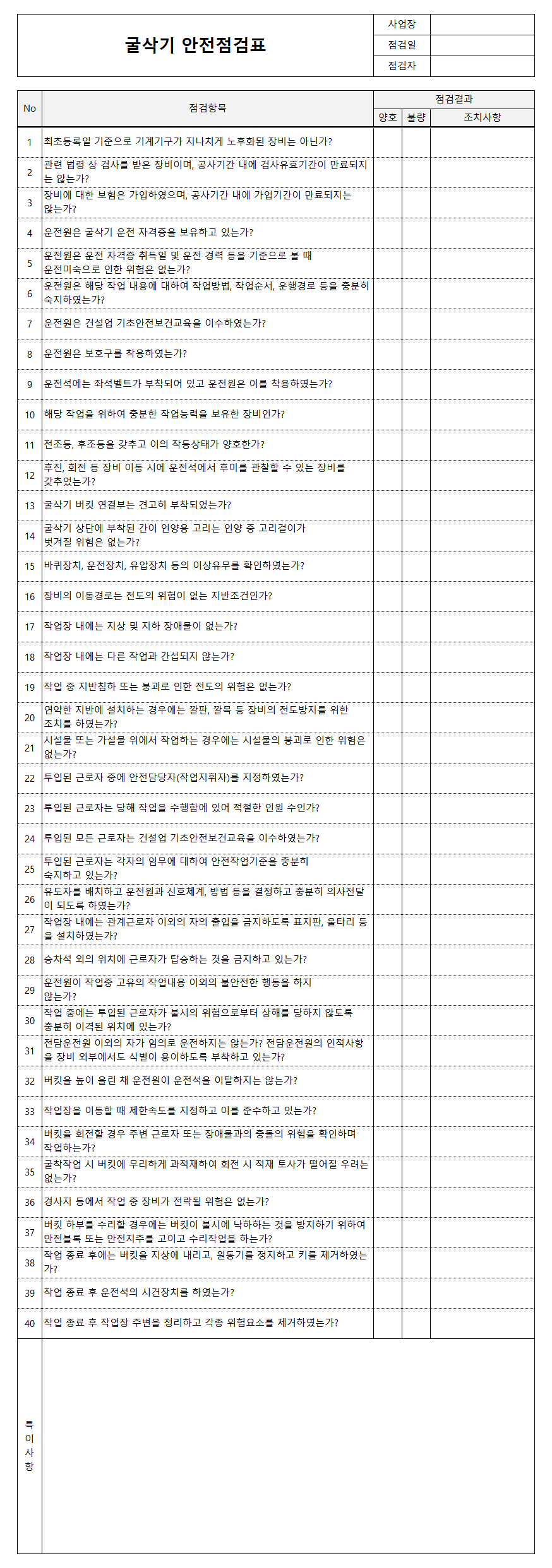 굴삭기 안전점검표