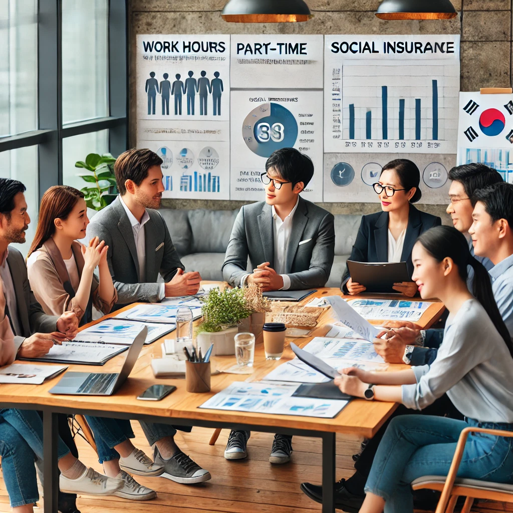 단시간 및 일용 근로자들이 근로 시간과 사회 보험에 대해 회의하는 장면