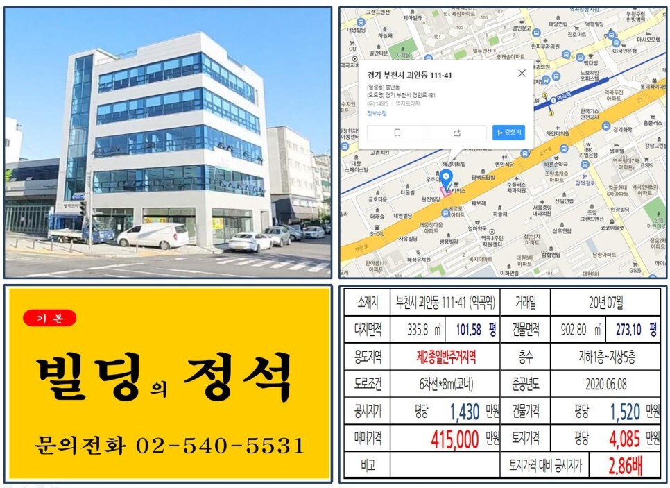  [부천시 경인로 대로변 코너 40억 신축빌딩 실거래가 조회] 괴안동 111-41 (역곡역) 41억 5,000만 원, 평당 4,085만 원 매매되었습니다.