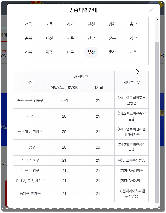 공영쇼핑 채널번호 목록(부산 지역)