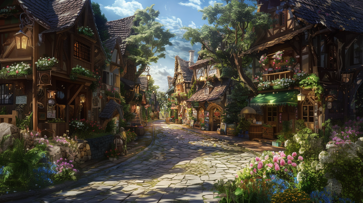 The scenery of a magical village, including village streets and village shops, has been realized.