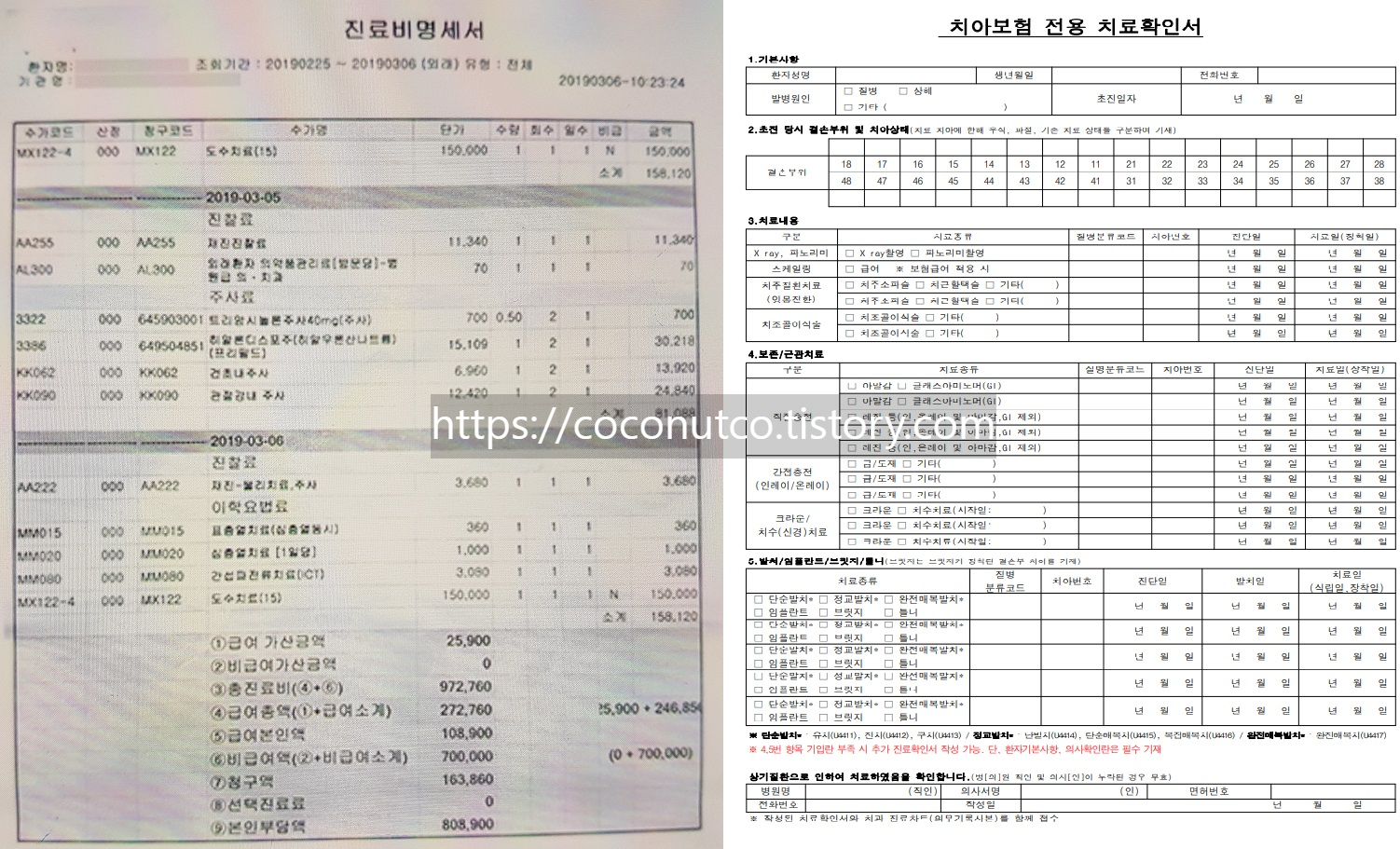 DB손해보험 동부화재 치아보험금 청구 서류&#44; 진료 세부 내역서 예시&#44; 치아보험 전용 치료 확인서