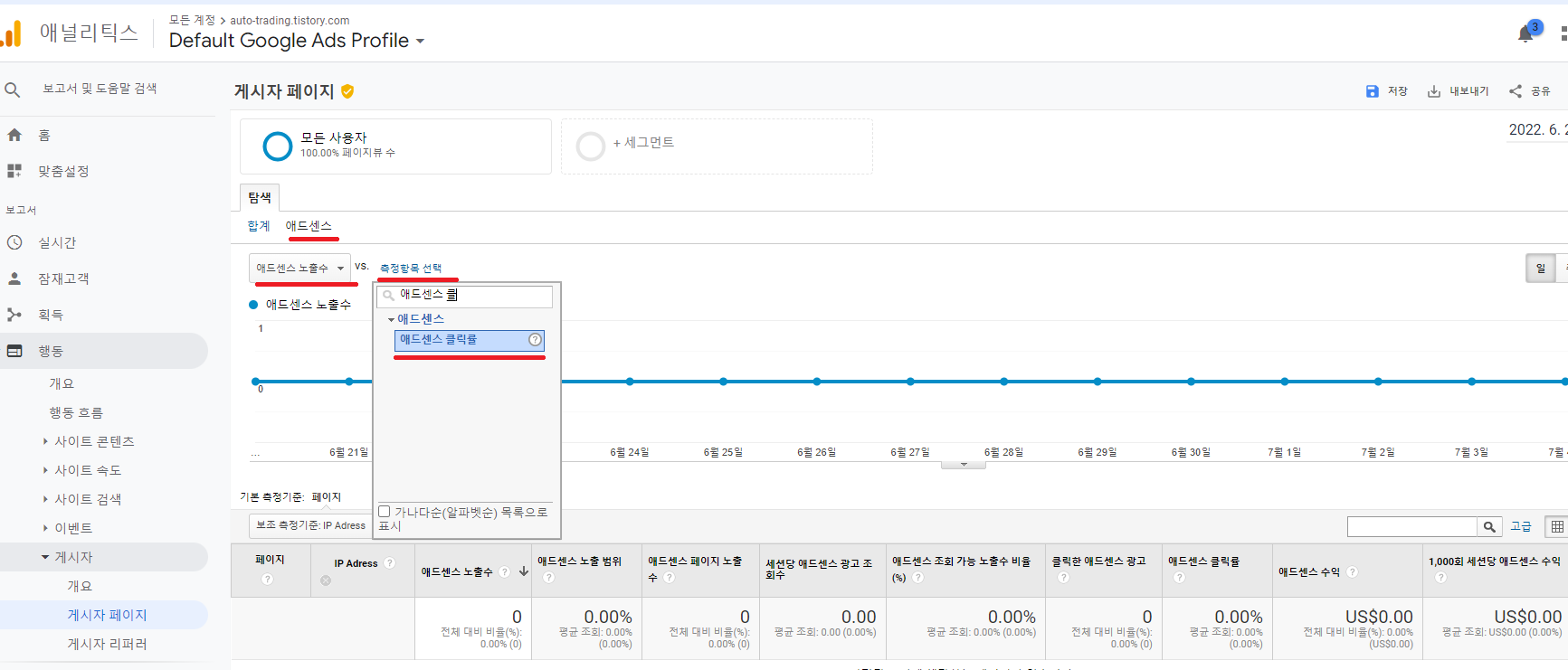 애드센스 노출수 vs. 애드센스 클릭률을 선택