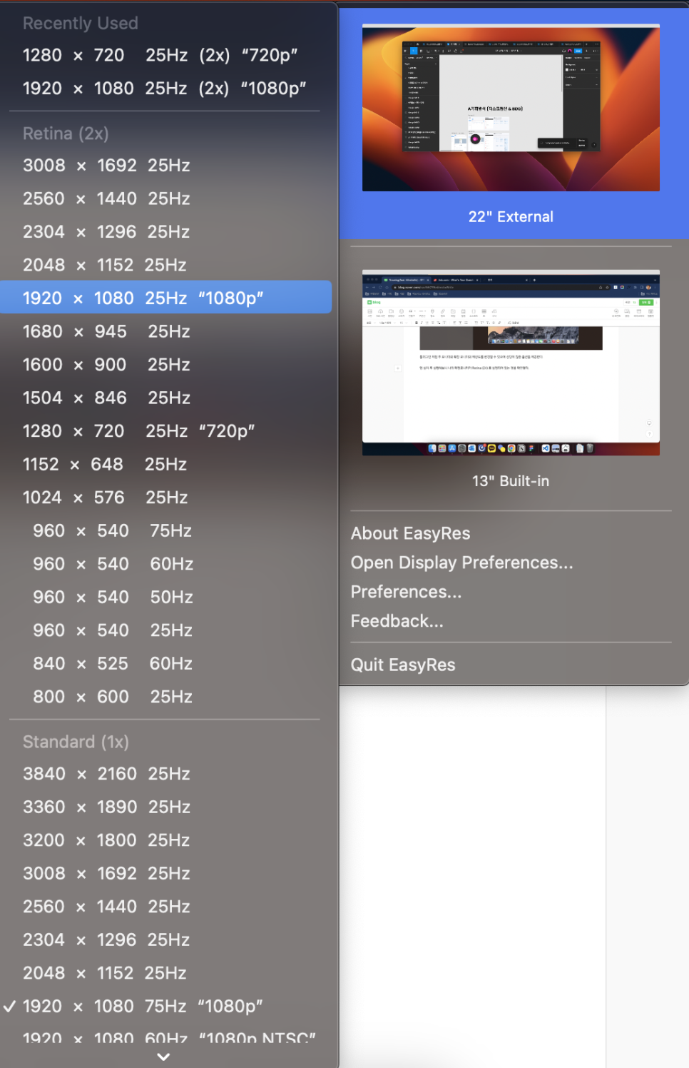 Screenshot of EasyRes application showing various display resolution options for external and built-in monitors on a Mac.
