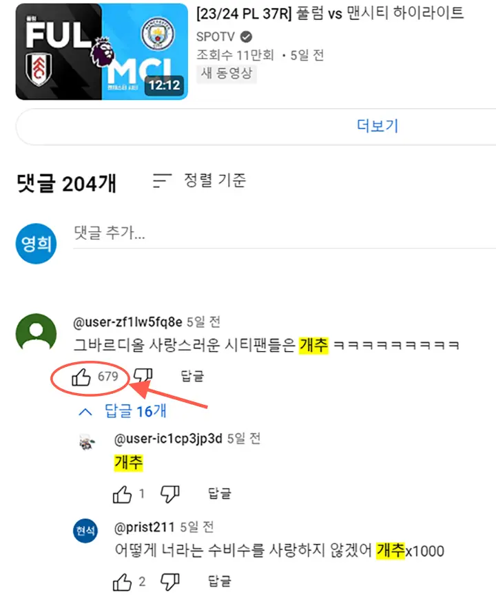 개추 유튜브 댓글