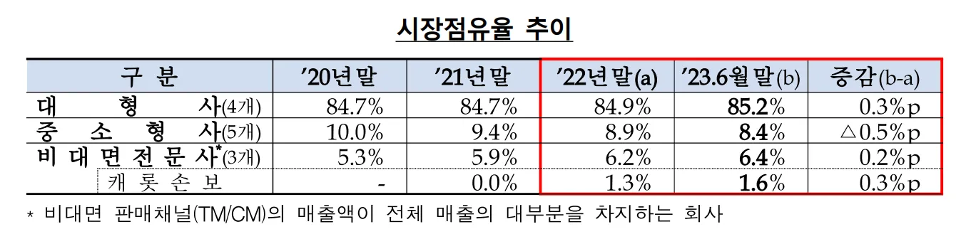 대형사 자동차 보험 점유율