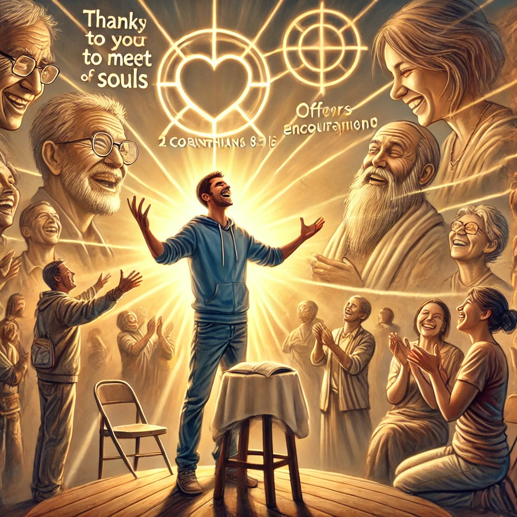 Here is the inspiring image depicting a person expressing deep gratitude and joy for meeting and connecting with souls who share the same love and dedication&amp;#44; inspired by 2 Corinthians 8:16. The scene illustrates the individual&amp;#39;s engagement in meaningful conversations&amp;#44; offering encouragement&amp;#44; and celebrating the mutual love and support in a spiritual community.