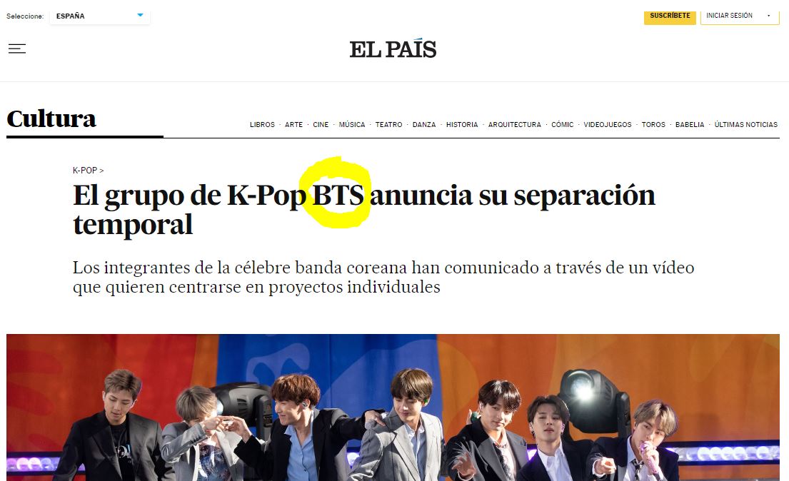 BTS 활동 잠정 중단 해외 스페인 언론 EL PA&Iacute;S 보도
