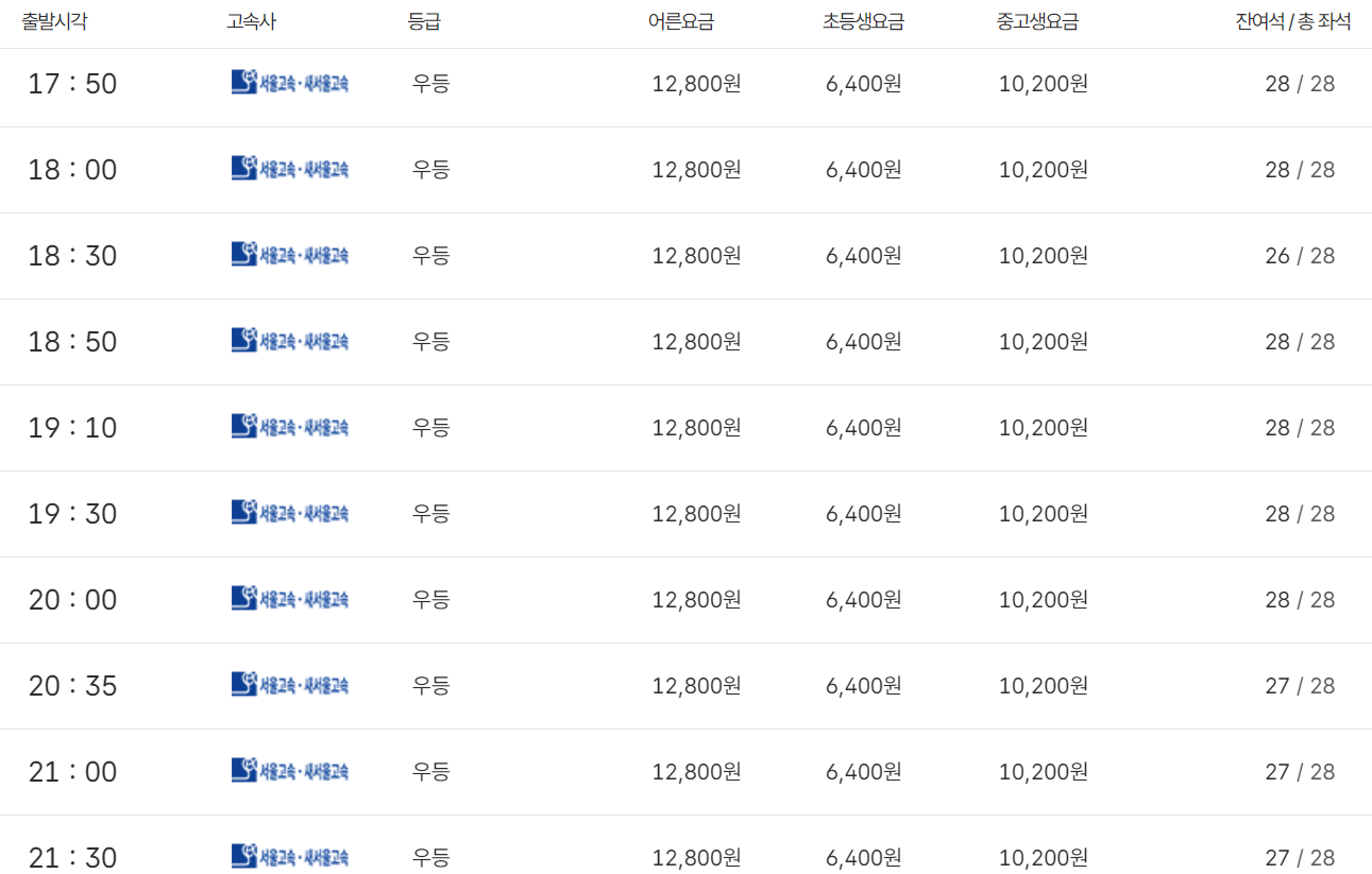 서울 센트럴시티터미널 출발 청주 도착 버스 시간표 17시 30분21시30분
