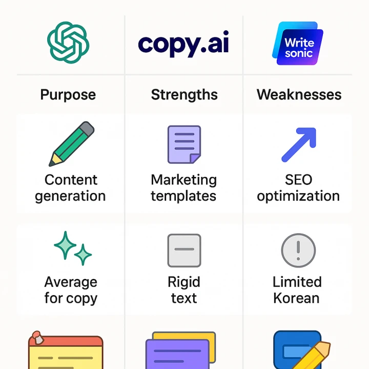 ChatGPT, Copy.ai, Writesonic의 목적•강점•약점 시각 비교표