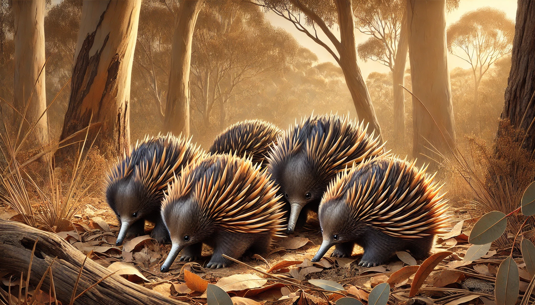 DALL·E 2025-02-26 22.06.09 - A realistic depiction of four echidnas in their natural Australian habitat. The echidnas have sharp spines covering their backs and long snouts. They .webp