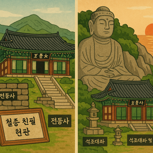 강화도의 대표 사찰인 전등사와 보문사의 문화재를 묘사한 일러스트: 전등사의 대웅전과 철종 친필 현판, 보문사의 마애불과 석조대좌