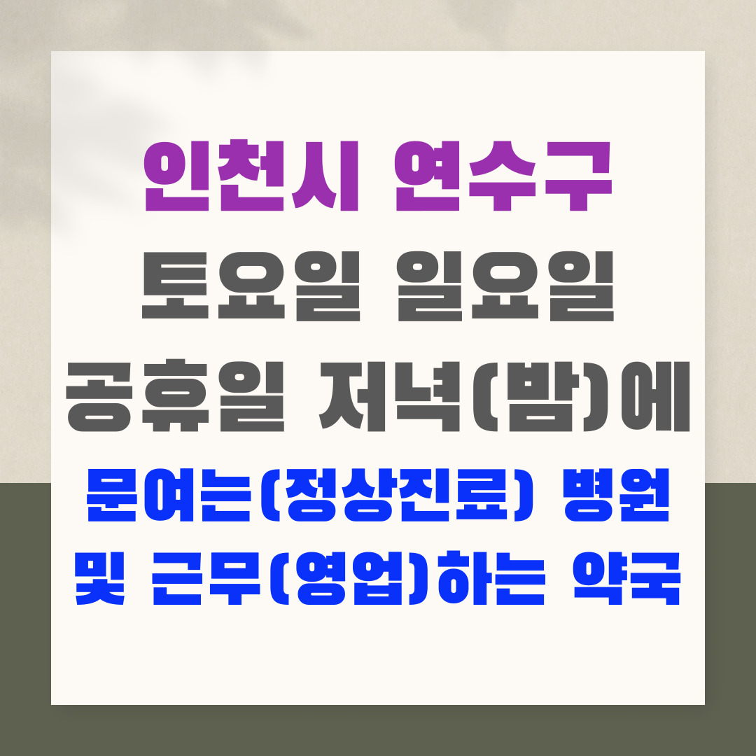 인천시 연수구 토요일 일요일 공휴일 저녁(밤)에 문여는(정상진료) 병원 및 근무(영업)하는 약국