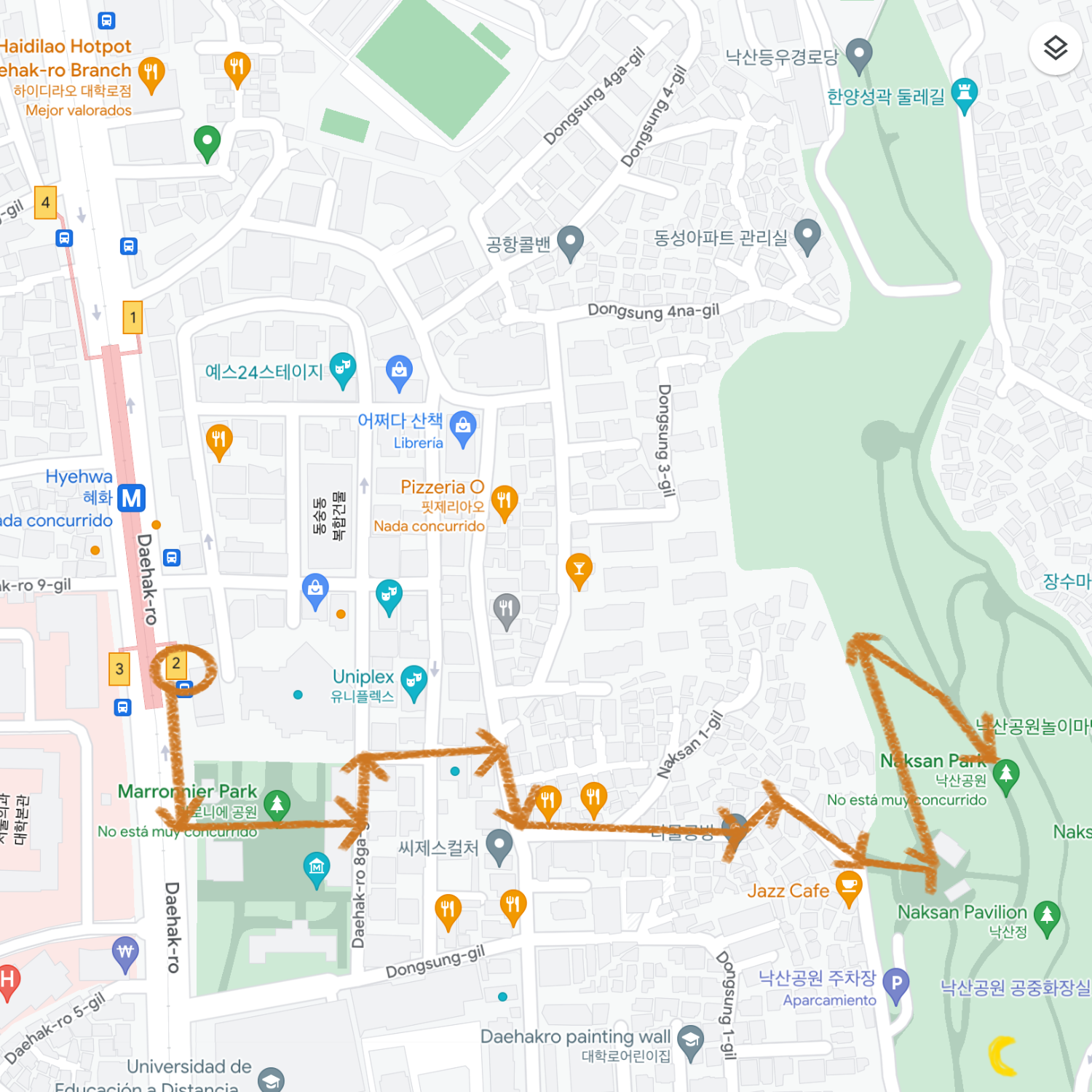 Mapa para ver cómo llegar hasta el parque Naksan desde la estación Hyehwa línea 4
