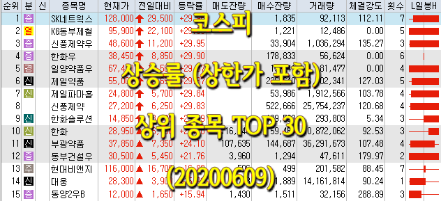  코스피/코스닥 상승률(상한가 포함) 상위 종목 TOP 30 (0609)