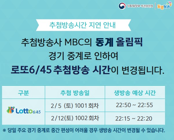  베이징 동계올림픽으로 인한 로또 1001회 추첨 시간 변경