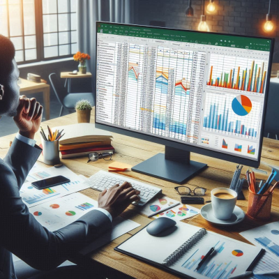 다양한 데이터 차트와 그래프를 보여주는 모니터 화면과 사람의 손이 보이는 이미지입니다.