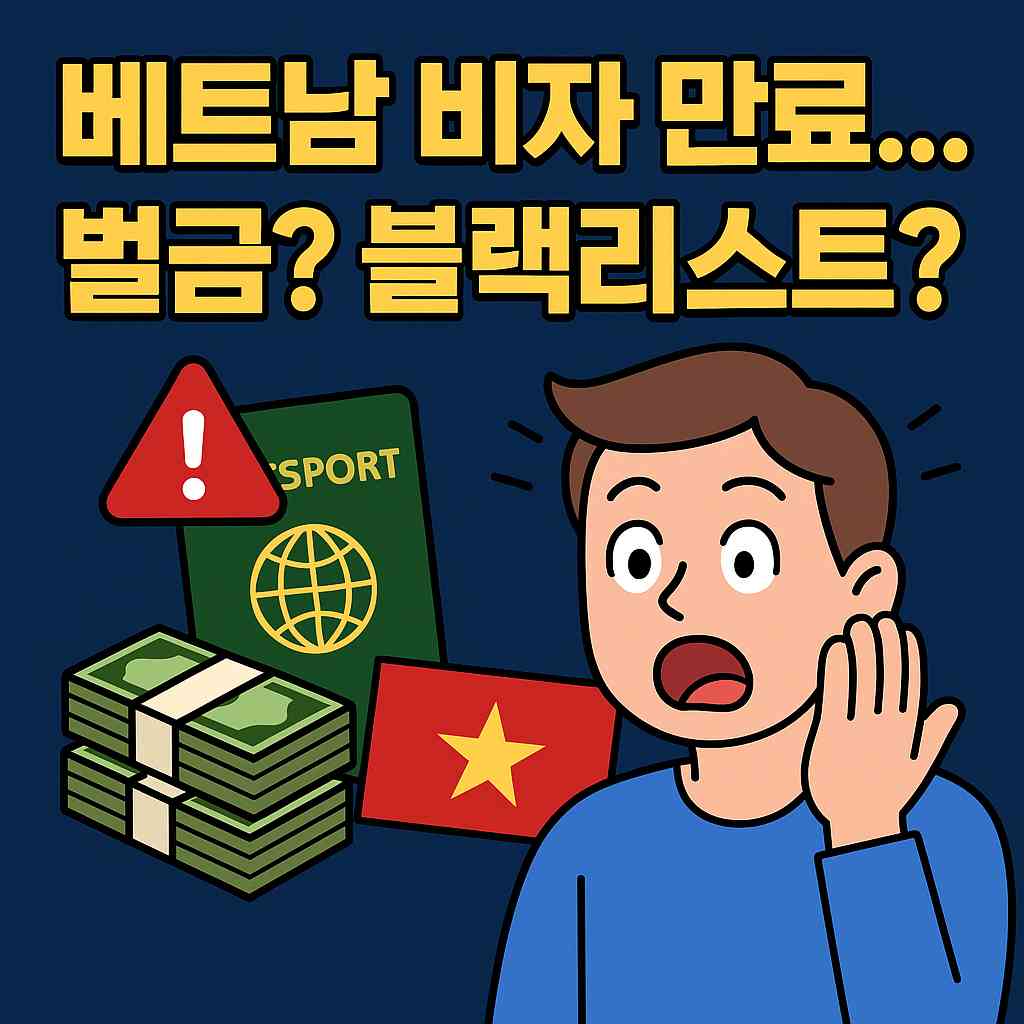 베트남 비자 만료 시 벌금과 블랙리스트 위험을 경고하는 썸네일 이미지. 여권, 경고 마크, 베트남 국기, 돈다발, 놀란 표정의 캐릭터가 포함된 구성