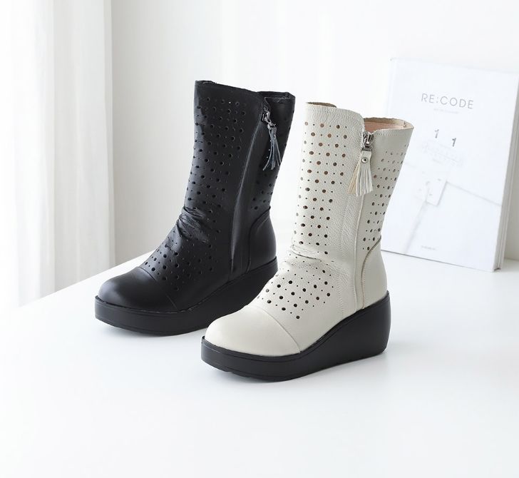  소가죽 펀칭 셔링 안쪽지퍼오픈 7cm 미들부츠