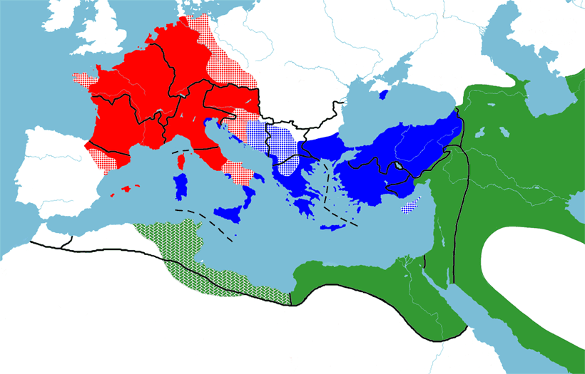 프랑크 왕국(빨강)과 비잔티움 제국(파랑)과 우마이야 칼리파국(초록)