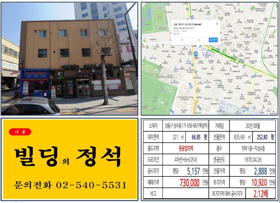  [성동구 갤러리아포레 70억 대로변 꼬마빌딩 실거래가 조회] 성수동1가 656-967 (뚝섬역) 73억 원, 평당 1억 920만 원 매매되었습니