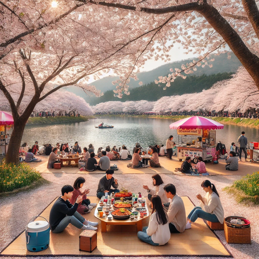 벚꽃 핀 호수공원에서 노을을 배경으로 앉아 있는 연인과 가족들의 봄 풍경