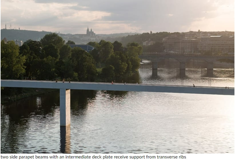 프라하의 블타바 강을 가로지르는 매끈한 콘크리트 보행자 다리 Sleek concrete pedestrian bridge spans the vltava river in prague
