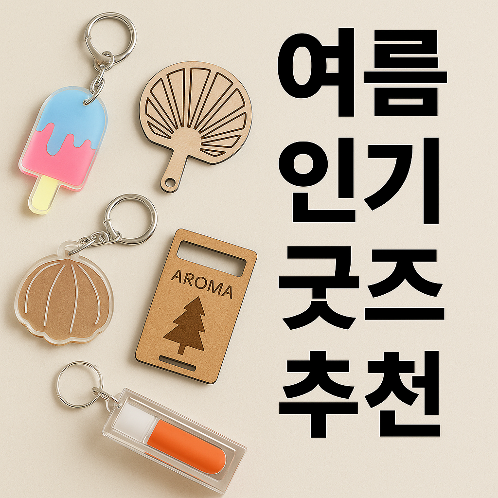 여름 시즌 인기 굿즈를 소개하는 레이저 커팅 트렌드 썸네일 이미지. 아크릴 키링, 피크닉 트레이, 미니 부채 등 다양한 핸드메이드 소품을 감각적으로 표현한 일러스트.