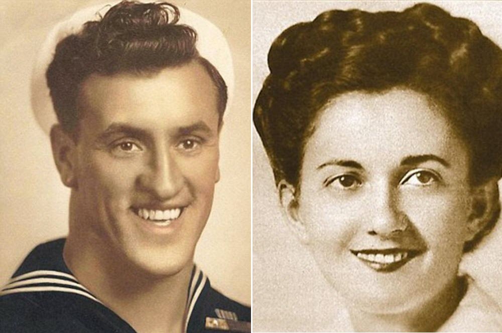 사진의 주인공으로 알려진 해군 수병 조지 멘돈사(George Mendonsa)와 간호사 그레타 짐머 프리드먼(Greta Zimmer Friedman) - 출처 : amusingplanet