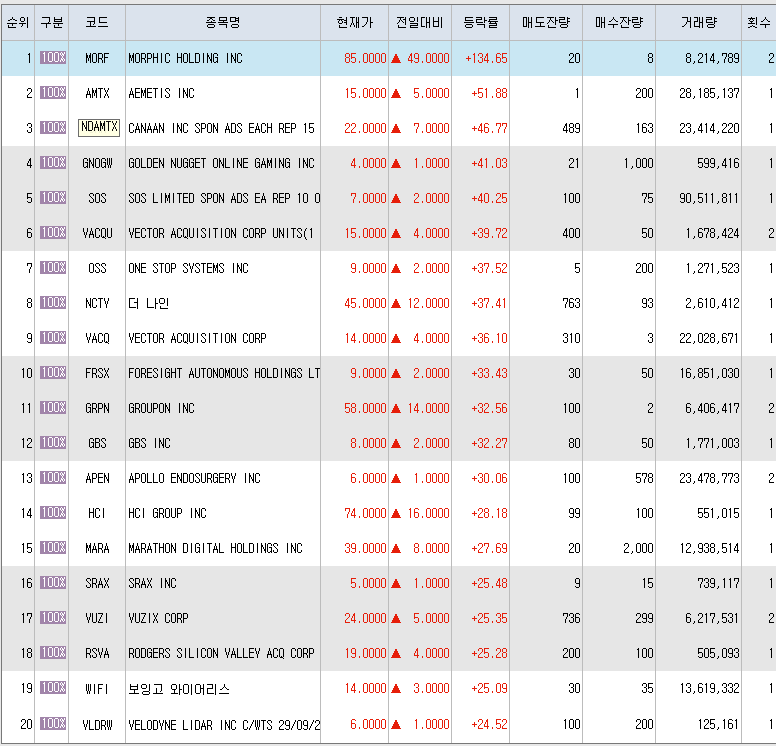  3월1일 미국주식 상승률 상위 종목 TOP 300