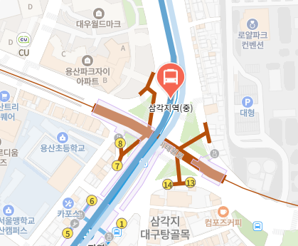 삼각지역에서 인천공항 리무진 공항버스(6001번) 지도 위치