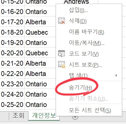 엑셀 시트 숨기기