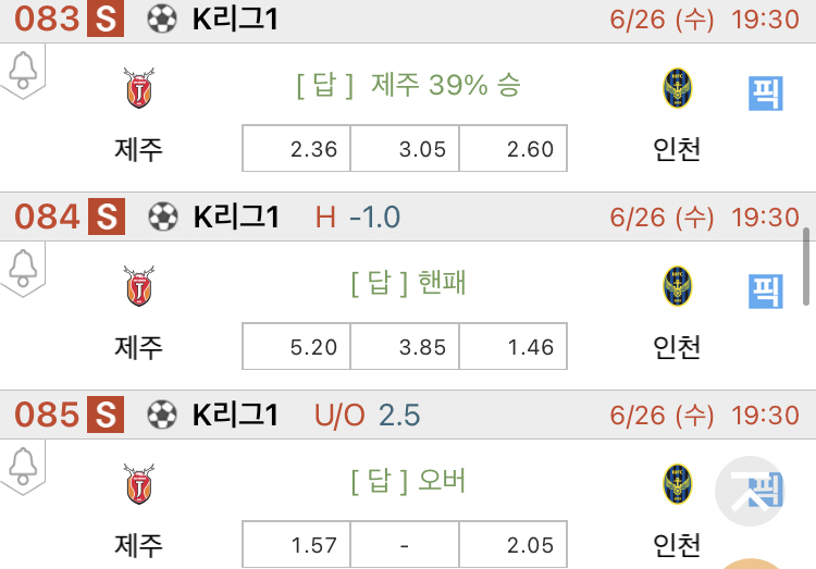 [진짜총판] 6월26일 제주 VS 인천 축구분석