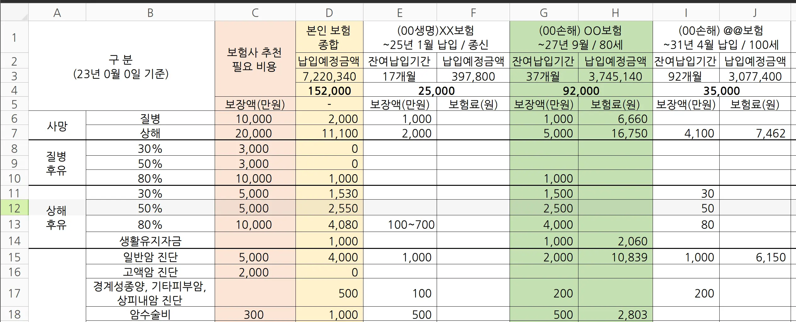 엑셀 파일에 개인의 보험 상세 내용을 작성한 것