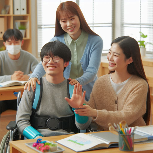 장애인 평생교육 혜택을 받으며 기뻐하는 장애인과 자원봉사자