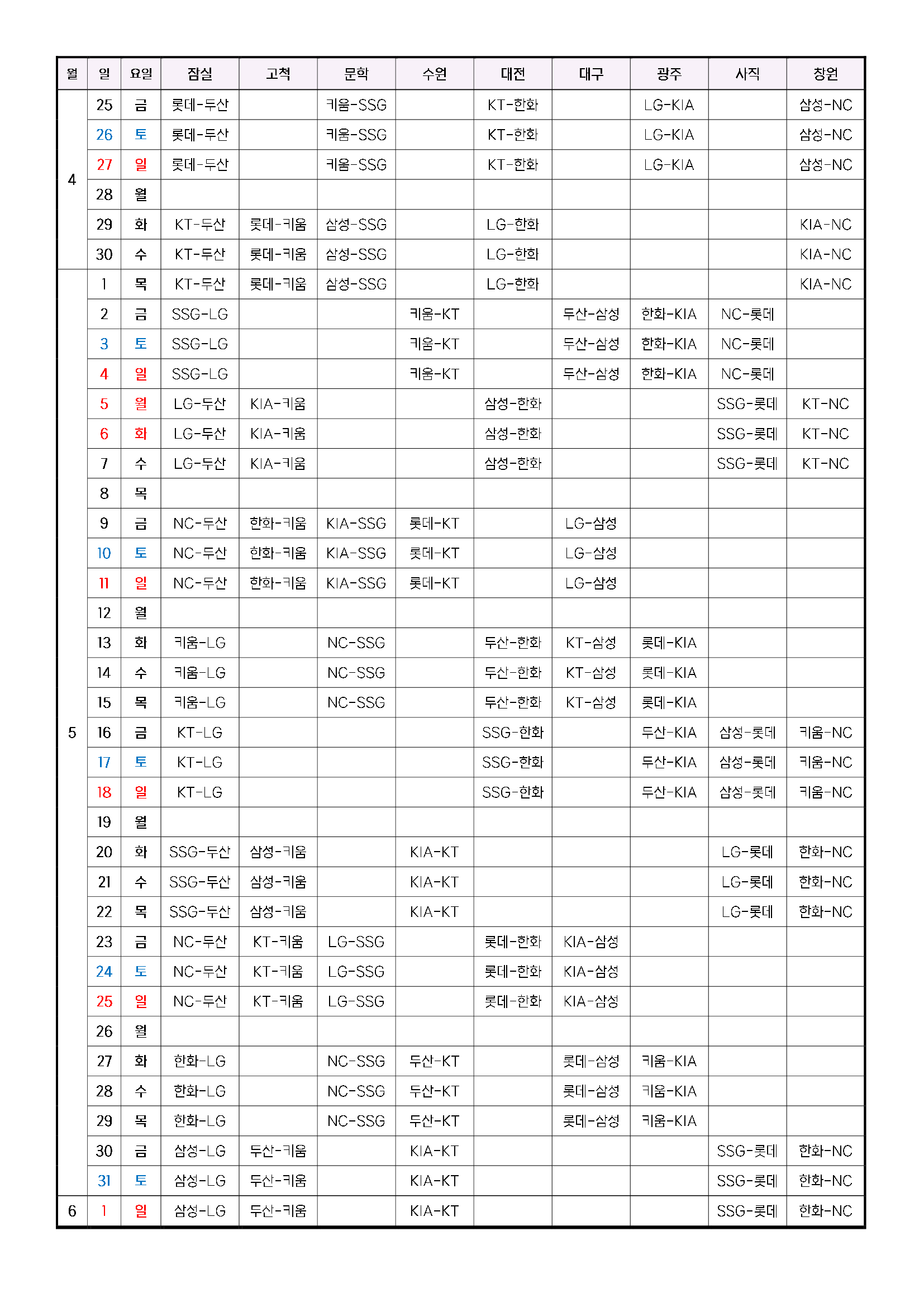 2025 KBO 일정