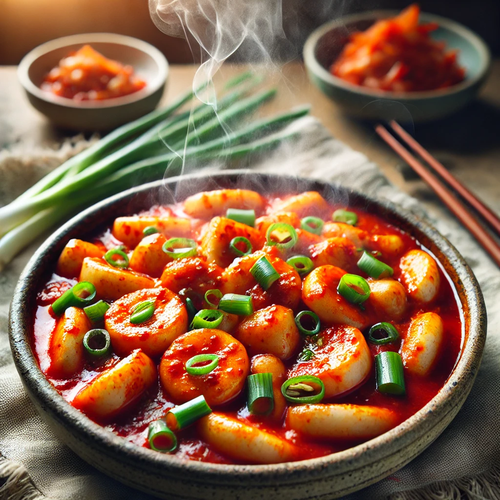 A steaming bowl of Baek Jong Won's tteokbokki, a Korean spicy rice cake dish made with chewy rice cakes, fish cakes, and green onions in a rich red sauce, served with a side of kimchi.