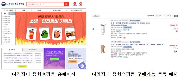 나라장터 종합쇼핑몰 홈페이지 및 구매가능 품목 사진