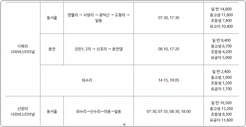 다목리 시외버스터미널 시간표 및 요금 (산양리 포함)