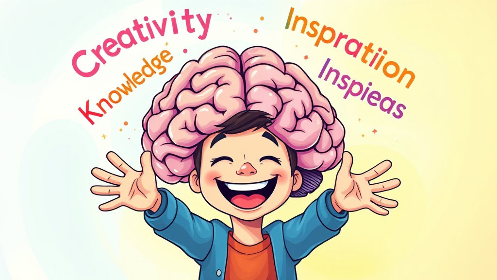English words floating above a brain illustration, with a person cheerfully connecting or grabbing these words. Bright and positive background.