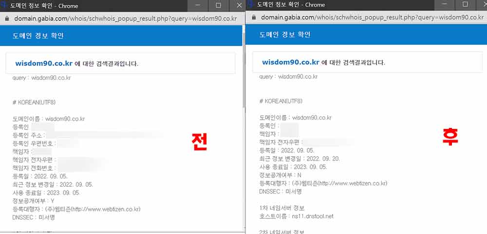도메인 정보 비공개 이후에 조회되는 모습(우측사진)