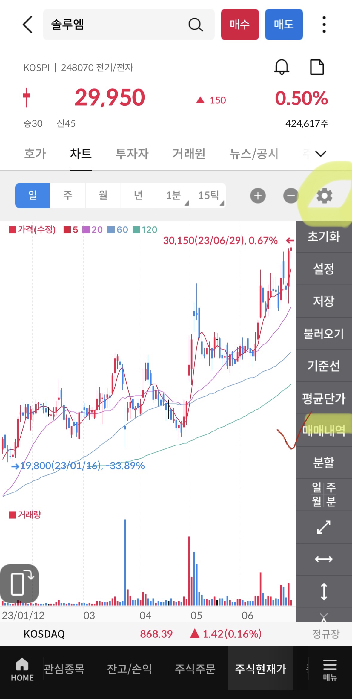 삼성증권 MTS 매매내역표시-메뉴위치