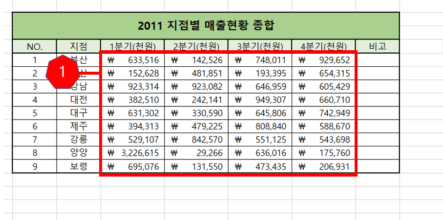 2011 지점별 매출현황 엑셀 사진