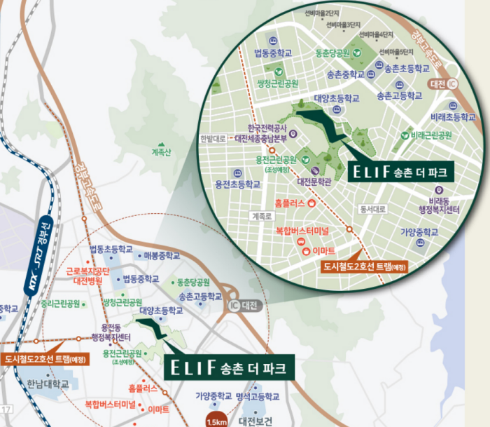 엘리프송촌더파크-주변-마트-2호선트램예정노선-학교등-주요시설이-나와있는-지도그림