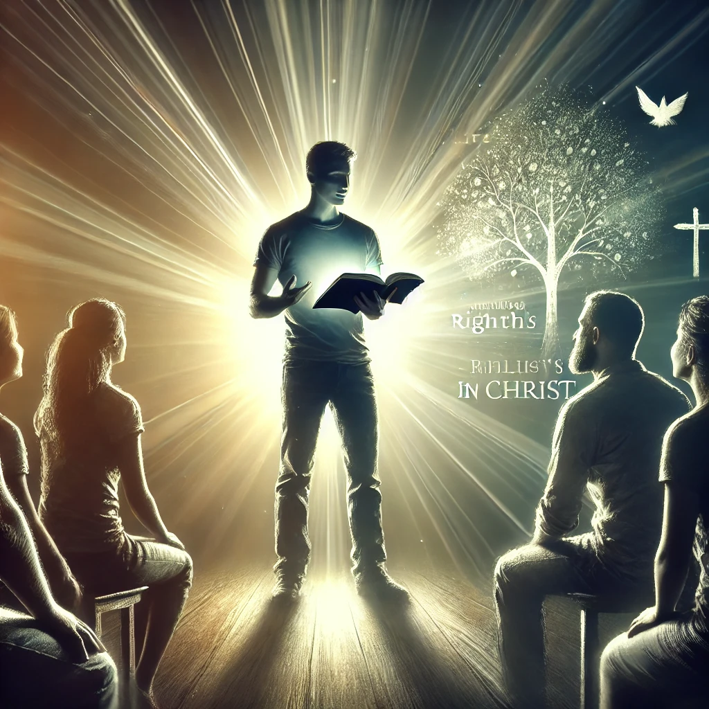 Here is an image depicting the act of sharing the assurance of a righteous life in Christ&amp;#44; inspired by Philippians 3:9. The person is shown confidently proclaiming the Word to others&amp;#44; symbolizing the spreading of faith and the effort to guide others in living a life grounded in truth and righteousness through Christ. The scene captures the strength and purpose that comes from living a life of faith.