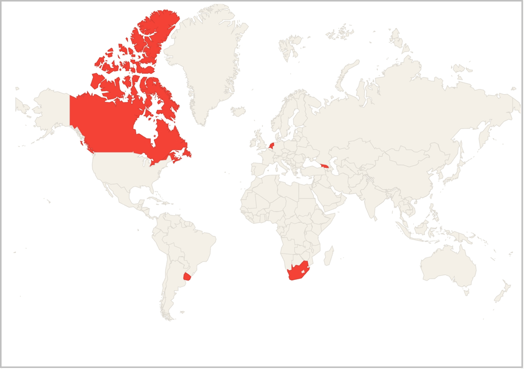 세계지도에서 대마초가 합법인 국가를 빨간색으로 표시한 그림