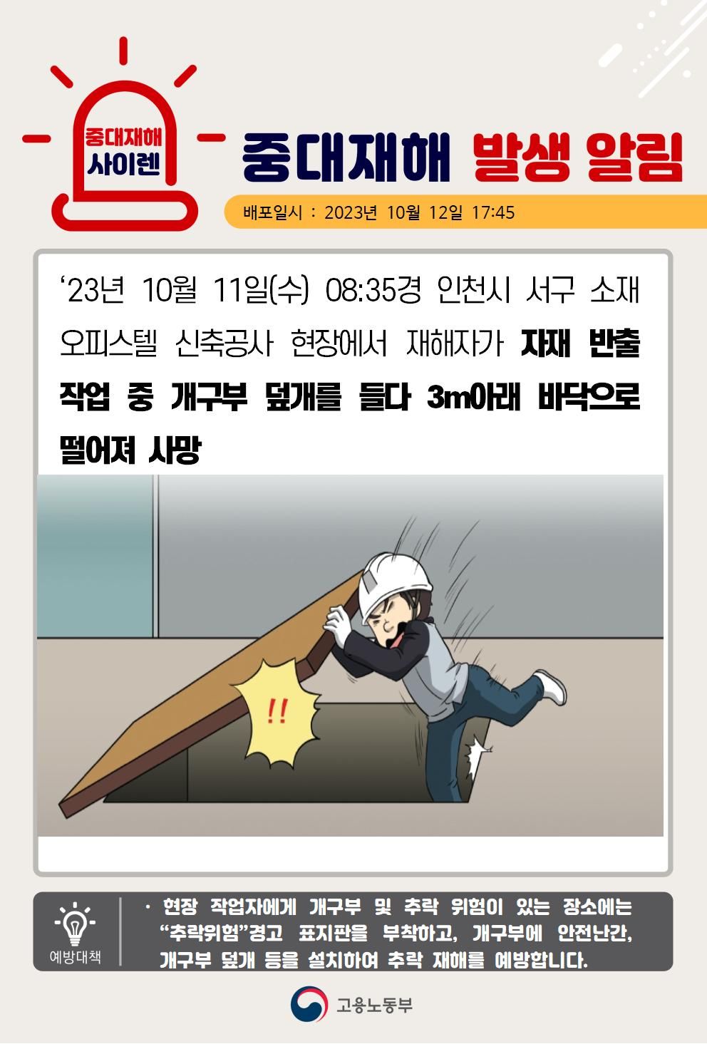 거푸집 동바리 해체 및 자재 반출 작업 중 개구부로 떨어짐(3m)