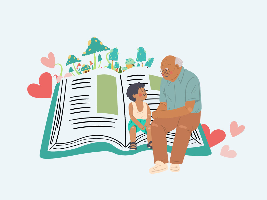 책 위에 앉아있는 할아버지와 아이 일러스트 무료 이미지 다운로드
